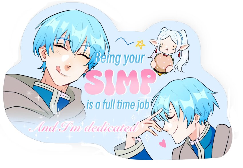 ._. 1boy 1girl :q :t ^_^ blue_background blue_hair blue_shirt blush border burger cape closed_eyes closed_mouth commentary earrings elf english_commentary english_text food frieren grey_cape hair_between_eyes hand_on_own_forehead heart hetero highres himmel_(sousou_no_frieren) holding holding_food jewelry long_hair long_sleeves meme multiple_views pointy_ears pokeparkfan shirt short_hair simple_background smile sousou_no_frieren sparkle star_(symbol) tongue tongue_out twintails u_u white_border white_hair wink_star