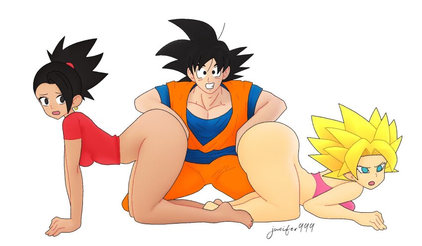 1boy 2girls ass bad_tag black_hair blonde_hair caulifla dark-skinned_female dark_skin doggystyle dragon_ball dragon_ball_super fingering group_sex hetero highres kale_(dragon_ball) multiple_girls orgy sex sex_from_behind