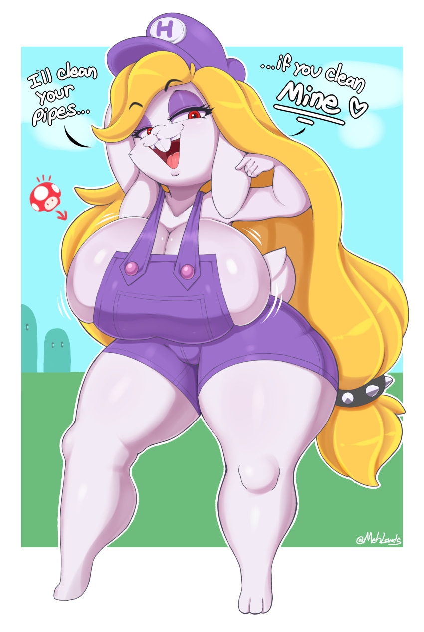 1girl absurdres barefoot blonde_hair braid breasts rabbit cleavage english_text furry gloves hariet_(mario) hat highres huge_breasts looking_at_viewer mario_(series) mehdrawings naked_overalls nintendo overalls skindentation smug super_mario_odyssey thick_thighs thighs wide_hips