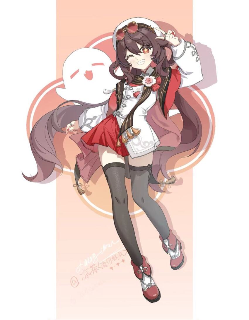 1girl ;d artist_name bad_source beret black_thighhighs brown_hair eyewear_on_head flower-shaped_pupils full_body genshin_impact ghost grin hair_between_eyes hat highres hu_tao_(cherries_snow-laden)_(genshin_impact) hu_tao_(genshin_impact) jacket liangcha_kefu_tuoyanzheng long_hair long_sleeves looking_at_viewer nail_polish official_alternate_costume official_alternate_hairstyle one_eye_closed open_mouth red_eyes red_nails red_skirt shoes skirt smile solo sunglasses symbol-shaped_pupils teeth thighhighs twintails twitter_username very_long_hair zettai_ryouiki