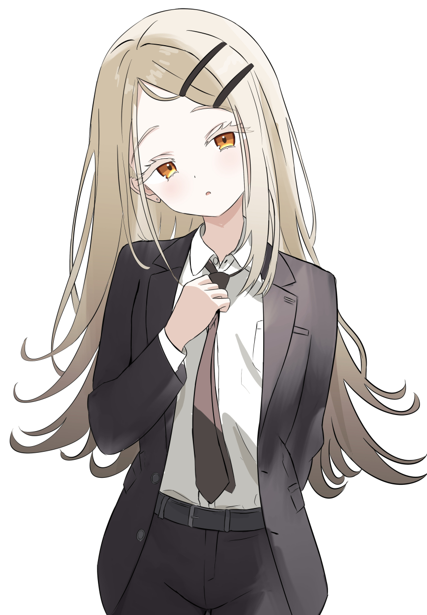 1girl :o absurdres alternate_costume belt_buckle black_jacket black_necktie black_pants black_suit buckle colored_eyelashes earrings flipped_hair formal_clothes gakuen_idolmaster gradient_hair grey_hair head_tilt highres idolmaster jacket jewelry long_hair looking_at_viewer multicolored_hair necktie orange_eyes pants shinosawa_hiro shirt shirt_tucked_in shubashuba simple_background solo stud_earrings suit very_long_hair white_background white_shirt