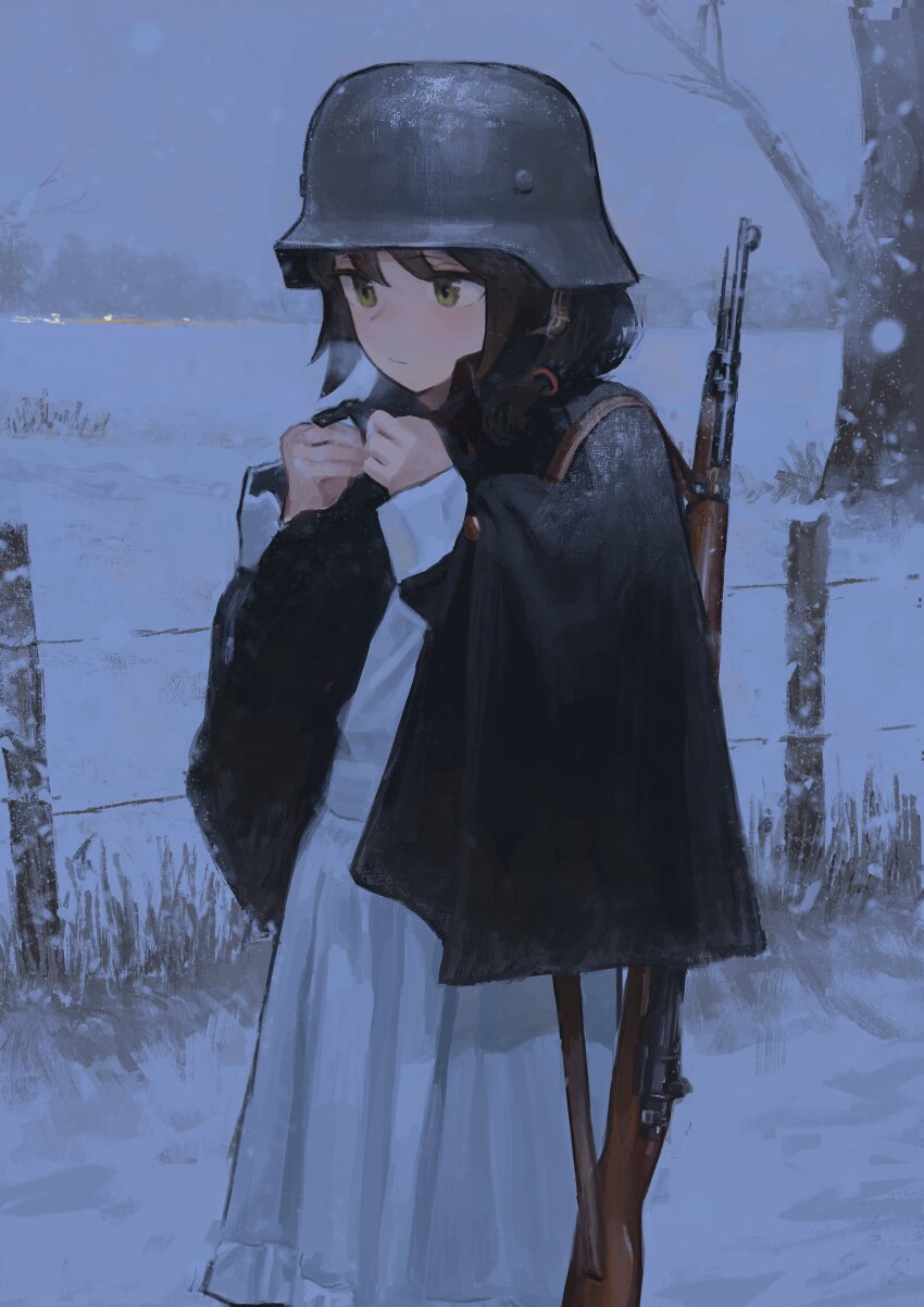 1girl absurdres combat_helmet garoppui grey_sky gun helmet highres original rifle short_hair sky snow solo weapon