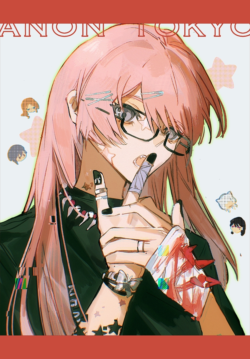 1girl bandaged_hand bandages bang_dream! bang_dream!_it&#039;s_mygo!!!!! black_nails black_shirt bracelet chihaya_anon commentary facial_mark fangs glasses grey_eyes hair_ornament hairclip highres hikawayunn jewelry kaname_raana letterboxed long_hair looking_at_viewer multiple_rings mygo!!!!!_(bang_dream!) nagasaki_soyo nail_polish open_mouth pink_hair ring shiina_taki shirt solo star_(symbol) star_facial_mark symbol-only_commentary takamatsu_tomori teeth upper_body white_background