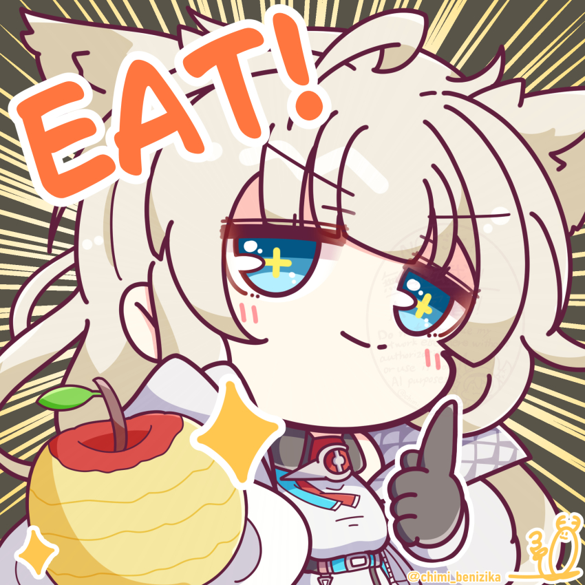 1girl animal_ears apple arknights arknights:_endfield benizika bird_ears bird_girl black_gloves blue_eyes blush chibi chibi_only closed_mouth commentary_request cross-shaped_pupils extra_ears food fruit gloves grey_hair highres holding holding_food holding_fruit looking_at_viewer perlica_(arknights) smile solo symbol-shaped_pupils watermark