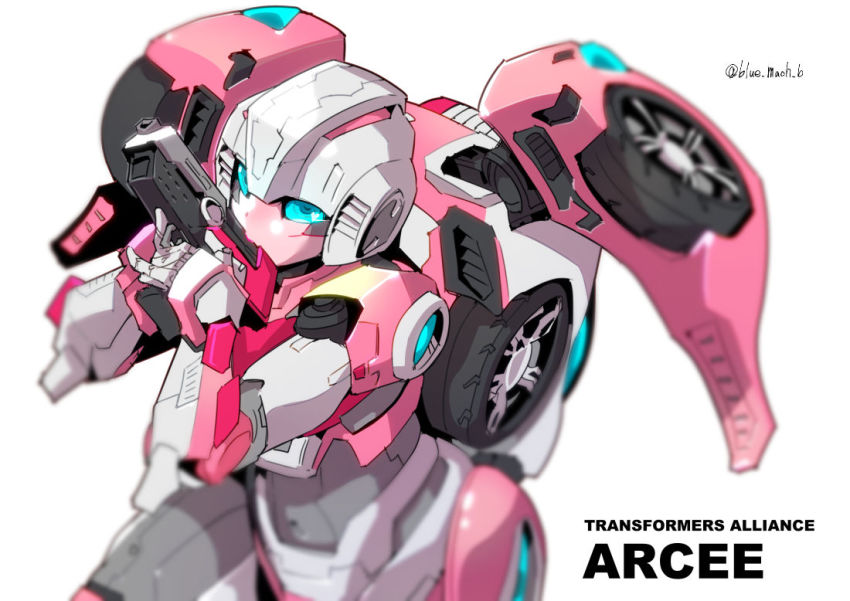 1girl arcee autobot bia_(blue_mach_b) blue_eyes character_name gun handgun leaning_forward mecha no_humans object_kiss pistol robot science_fiction solo transformers twitter_username weapon white_background