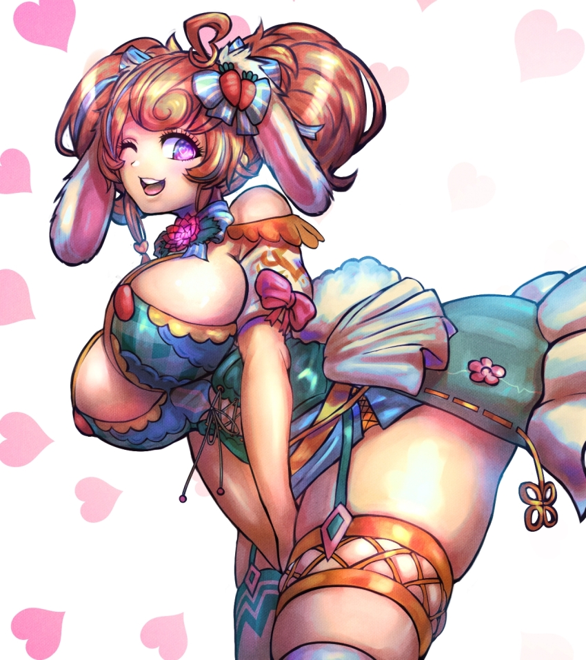 1girl ahoge animal_ears asymmetrical_legwear between_breasts between_legs blue_bow blue_dress blush bodice bonnie_(bunny_gif) bow breasts bunny_ayumi bunny_ayumi_(vtuber) carrot_hair_ornament colored_shadow commentary corset cowboy_shot cross-laced_clothes cross-laced_top double_bun dress english_commentary finger_to_mouth floppy_ears food-themed_hair_ornament garter_belt gold_trim hair_between_eyes hair_bow hair_bun hair_ornament hand_between_legs heart heart-shaped_pupils heart_hair_ornament highres indie_virtual_youtuber komatsuzaki_rui_(style) large_breasts looking_at_viewer minster_(dooke) off-shoulder_dress off_shoulder one_eye_closed open_mouth orange_hair own_hands_together plaid rabbit_ears rabbit_girl rabbit_tail real_life shadow short_hair short_sleeves short_twintails sideboob sidelocks signature simple_background skindentation smile smiley_face solo standing striped striped_bow symbol-shaped_pupils tail thank_you thick_thighs thighhighs thighs twintails two-tone_bow underbust uneven_legwear valentine virtual_youtuber white_background white_bow