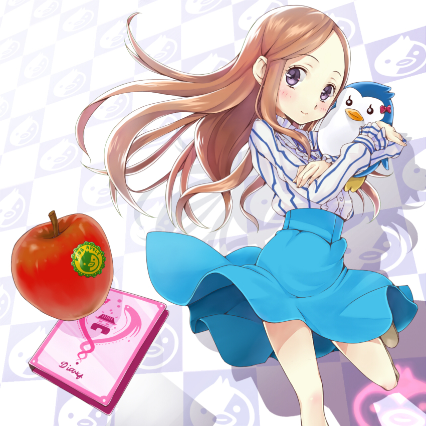 10s apple bad_id bad_pixiv_id blush brown_hair food fruit highres long_hair mawaru_penguindrum penguin_3-gou purple_eyes revision skirt takakura_himari umeboshitora