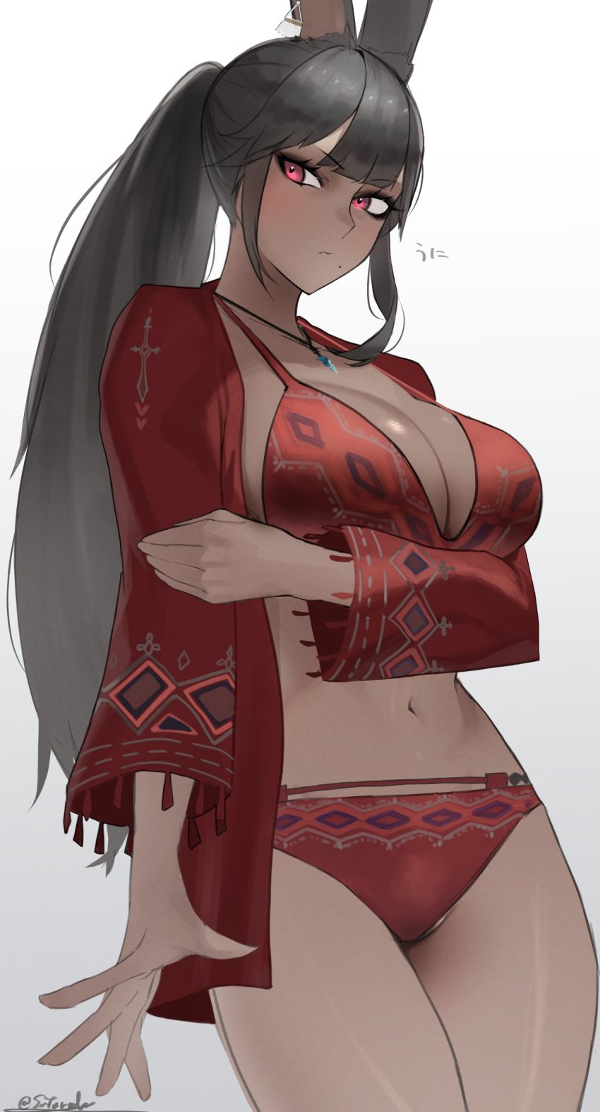 1girl absurdres animal_ears arm_under_breasts warrior_of_light_(ff14) bikini black_hair blush breasts cleavage closed_mouth dark-skinned_female dark_skin eyelashes final_fantasy final_fantasy_xiv gradient_background highres jacket jewelry large_breasts long_hair long_sleeves mole mole_under_mouth necklace open_clothes open_jacket ponytail red_bikini red_eyes red_jacket saturndxy simple_background solo swimsuit twitter_username very_long_hair