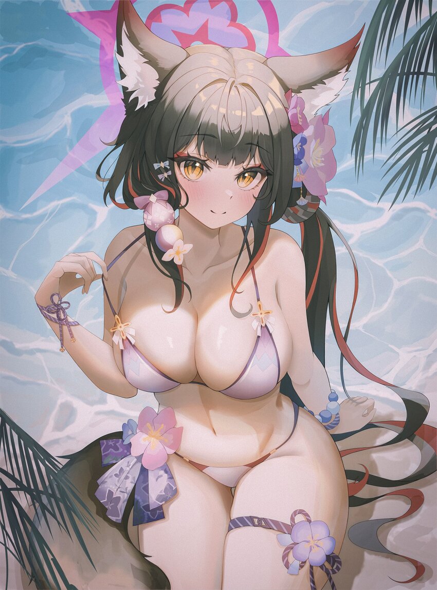 0601_ye 1girl animal_ears arm_at_side bare_shoulders bikini bikini_top_pull black_hair blue_archive blunt_bangs blush bow bracelet breasts brown_eyes cleavage closed_mouth collarbone commentary cowboy_shot curvy day eyelashes eyeliner film_grain flower flower_bikini fox_ears fox_girl fox_tail from_above hair_bow hair_flower hair_intakes hair_ornament halo hand_up highres jewelry long_hair looking_at_viewer low_ponytail makeup multicolored_hair navel official_alternate_costume outdoors palm_leaf pink_flower pulling_own_clothes purple_flower red_hair red_halo sanpaku seductive_smile sidelocks sitting skindentation slit_pupils smile solo split_mouth streaked_hair swimsuit tail thigh_gap thighs tsurime very_long_hair wakamo_(blue_archive) wakamo_(swimsuit)_(blue_archive) water white_bikini white_bow