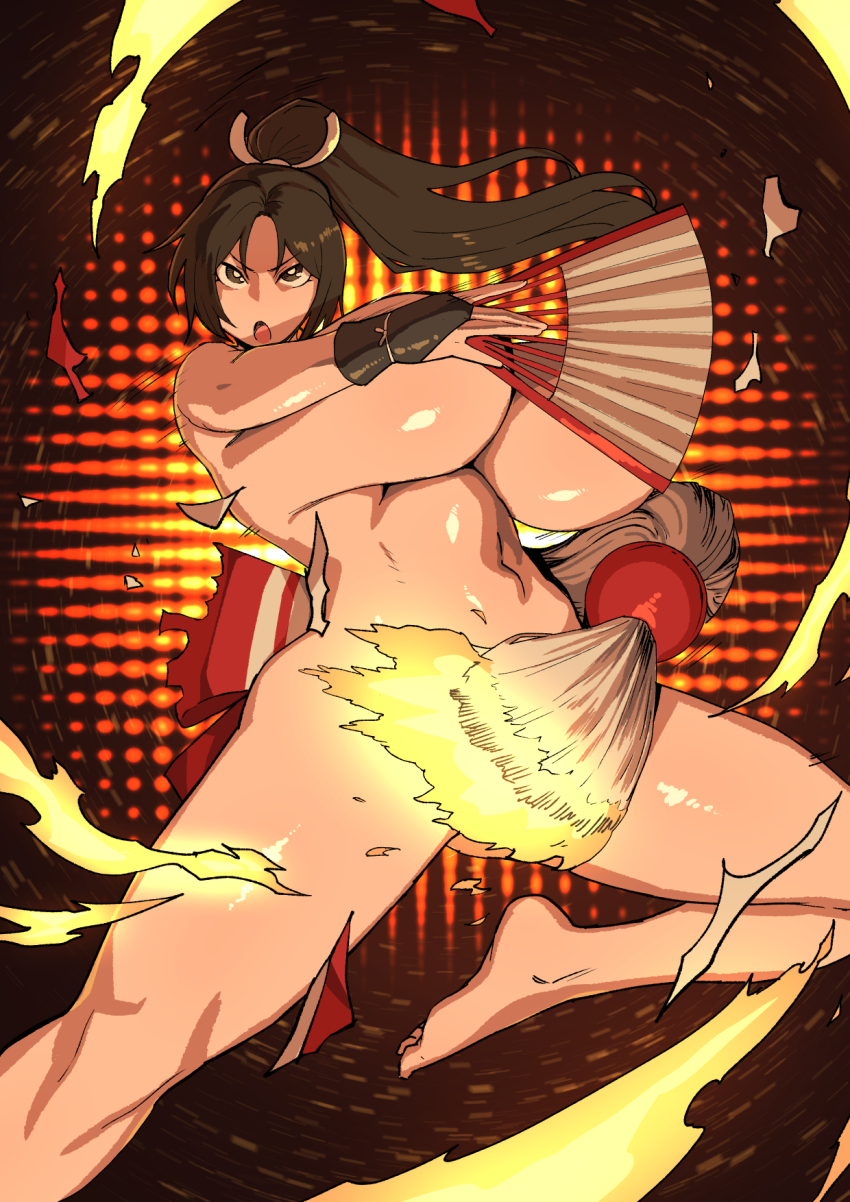 1girl breasts brown_eyes brown_hair completely_nude convenient_censoring dress fatal_fury female_focus fire hand_fan hotsaurus huge_breasts looking_at_viewer nude ponytail shiranui_mai the_king_of_fighters thick_thighs thighs torn_clothes torn_dress undressing wide_hips