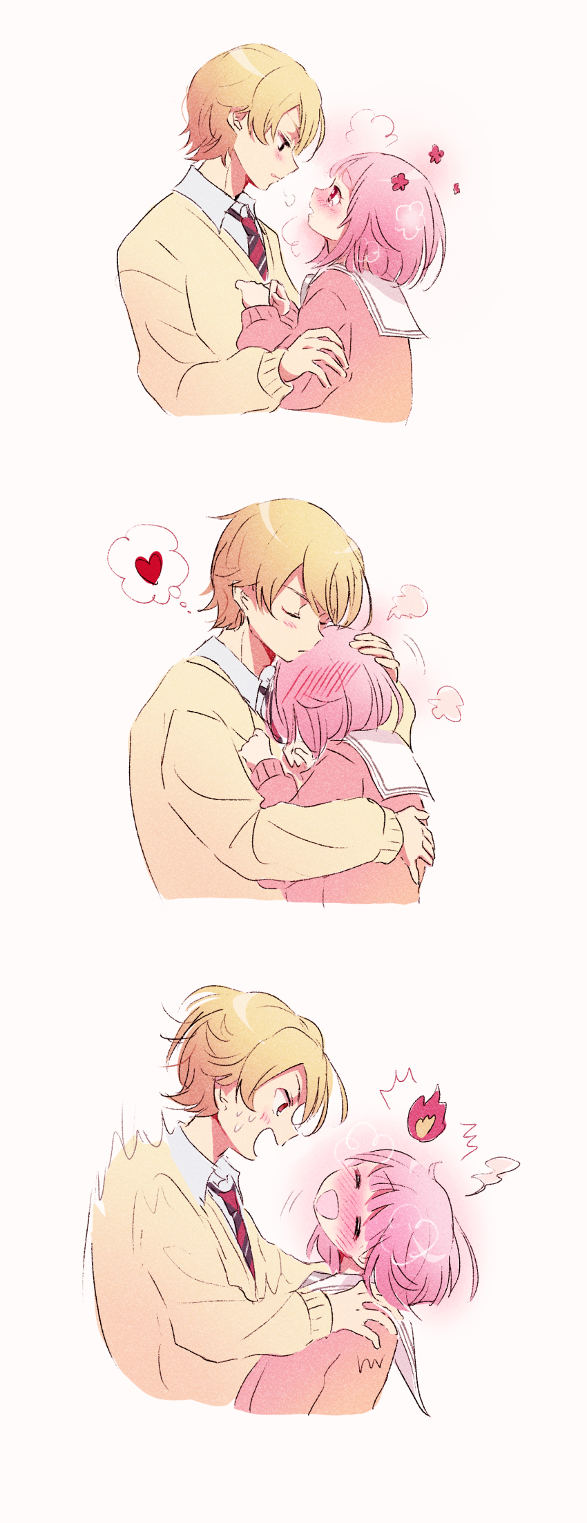 1boy 1girl absurdres blonde_hair blush closed_eyes hand_on_another&#039;s_head heart highres hug long_sleeves looking_at_another momomo_(m0_3) necktie open_mouth pink_hair pink_sweater project_sekai sailor_collar school_uniform short_hair simple_background sweater white_sailor_collar yellow_sweater