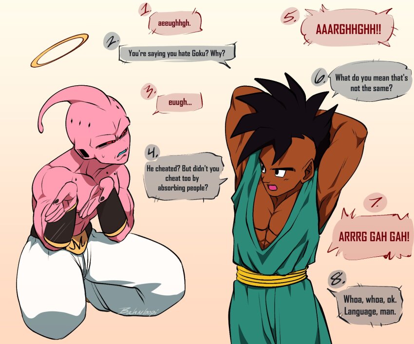 2boys arms_behind_head bahnloopi belt black_eyes black_hair black_sclera blue_dougi blue_tongue colored_sclera colored_skin colored_tongue commentary dark-skinned_male dark_skin dougi dragon_ball dragon_ball_gt dragonball_z english_commentary english_text floating gesture gradient_background halo highres kid_buu majin_buu martial_arts_belt mohawk multiple_boys muscular muscular_male open_mouth pants pink_background pink_skin red_eyes sitting speech_bubble spiked_hair topless_male uub white_background white_pants yellow_belt