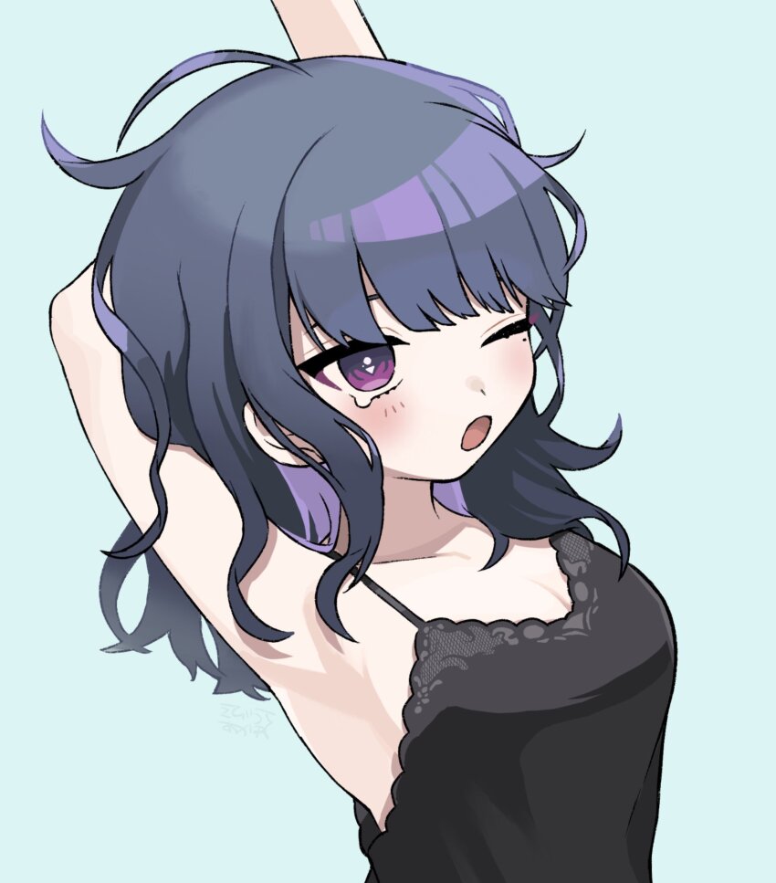 1girl :o ahoge arm_up armpits babydoll black_babydoll blush breasts cleavage ebiura_akane highres koshimizu_toru long_hair nijisanji one_eye_closed purple_eyes purple_hair sleepy small_breasts solo stretching tearing_up virtual_youtuber