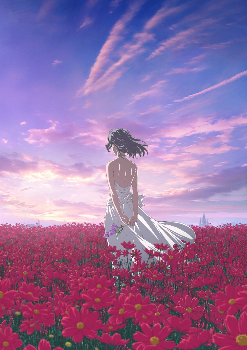 1girl absurdres back bare_shoulders dress dungeon_ni_deai_wo_motomeru_no_wa_machigatteiru_darou_ka field flower flower_field grey_hair highres holding holding_flower official_alternate_costume official_art purple_flower red_flower short_hair sky sleeveless sleeveless_dress syr_flover white_dress