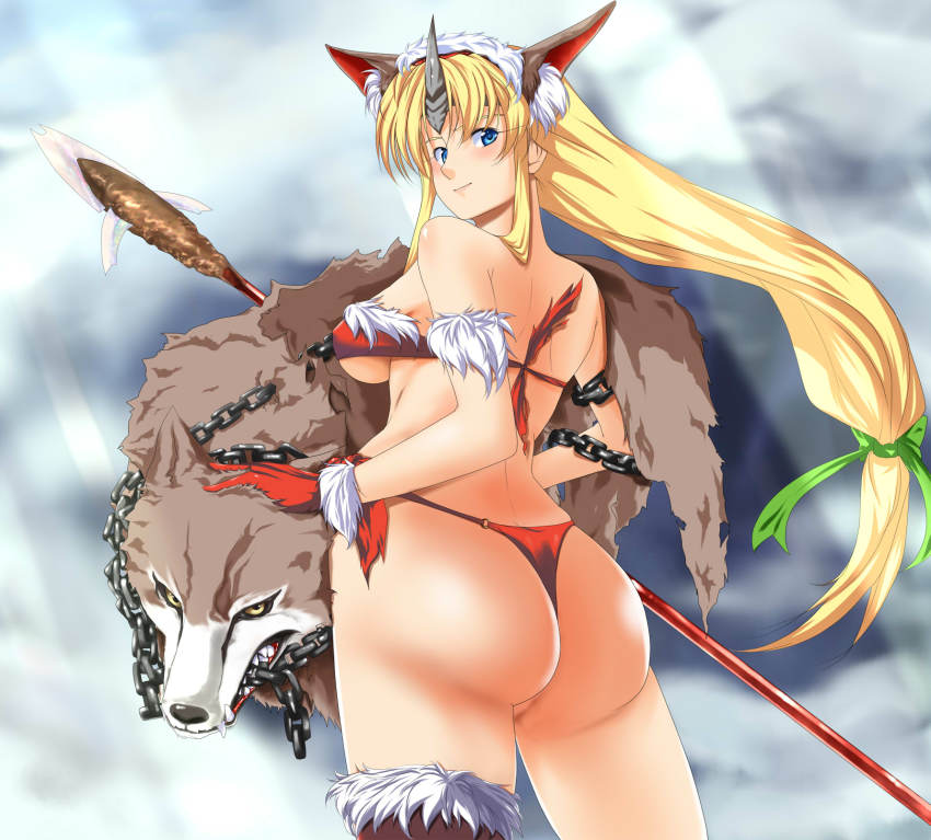 1girl animal_ears ass back bad_id bad_pixiv_id blonde_hair blood blue_eyes bottomless breasts chain cleavage female_focus fenrir_knight gloves highres horns large_breasts long_hair looking_back low-tied_long_hair panties polearm riesz seiken_densetsu seiken_densetsu_3 single_horn solo spear tenpura_(tenpura621) thighhighs thong underboob underwear weapon wolf wolf_ears wolves