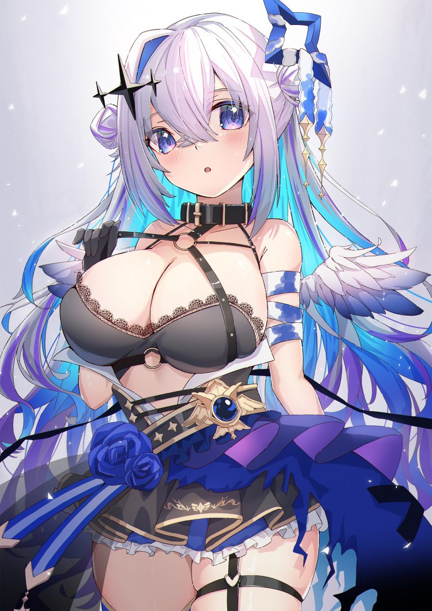 1girl absurdres alternate_breast_size amane_kanata amane_kanata_(another_world) angel angel_wings blue_hair breasts cleavage collar colored_inner_hair double_bun feathered_wings frills gloves grey_background grey_hair hair_between_eyes hair_bun hair_ornament highres hololive instrument juu_p large_breasts long_hair multicolored_hair open_mouth parted_lips purple_eyes simple_background single_hair_intake skindentation skirt solo thick_thighs thigh_strap thighs tuba virtual_youtuber wings