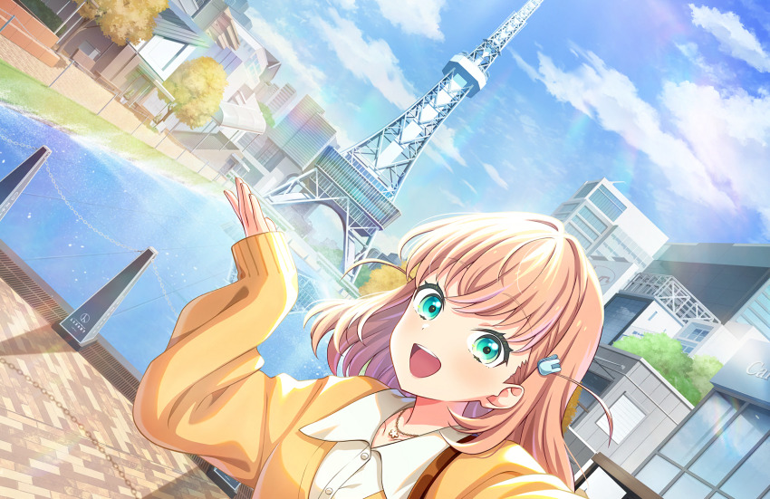 1girl :d aqua_eyes blue_sky cardigan casual cloud collared_shirt crossed_bangs day dress_shirt dutch_angle forced_perspective game_cg hair_intakes hair_ornament highres hinoshita_kaho lens_flare link!_like!_love_live! long_sleeves looking_at_viewer love_live! medium_hair nagoya_(city) official_alternate_costume official_art open_mouth orange_hair outdoors rabbit_hair_ornament shirt sky sleeves_past_wrists smile solo teeth third-party_source tower tree two_side_up upper_body upper_teeth_only virtual_youtuber white_shirt yellow_cardigan