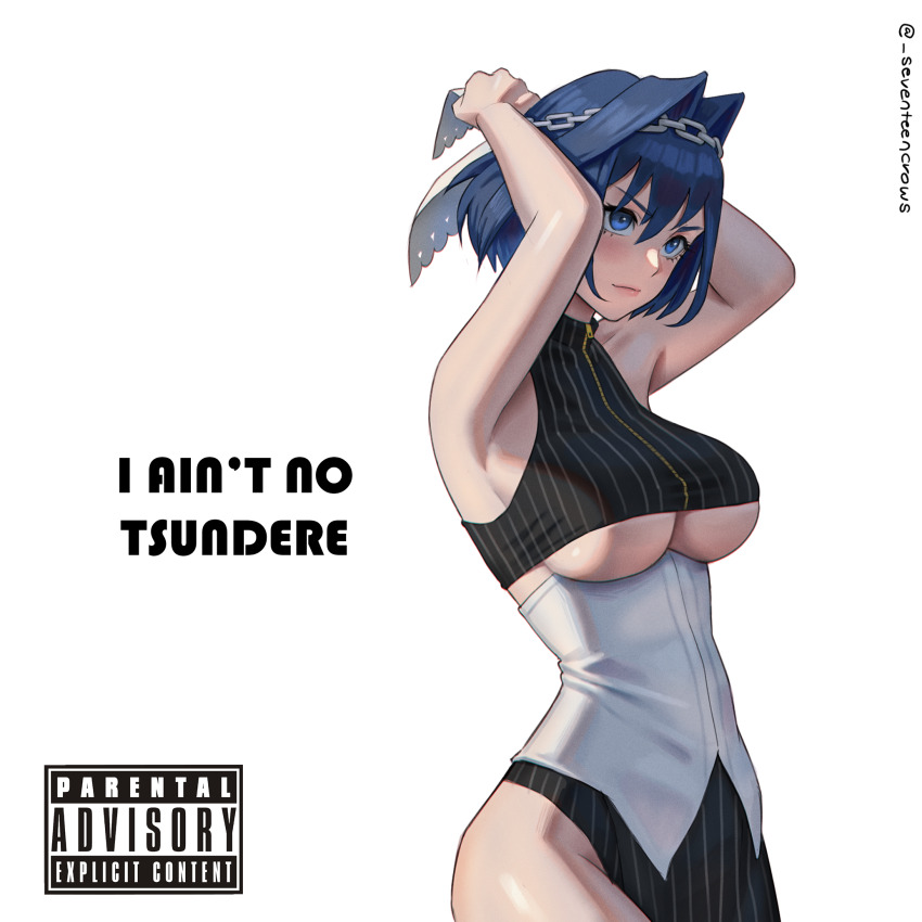 1girl album_cover armpits arms_up black_skirt blue_eyes blue_hair breasts chain chain_headband closed_mouth commentary cover crop_top english_commentary english_text fake_cover hair_intakes head_chain highres hololive hololive_english jewelry large_breasts no_bra ouro_kronii ouro_kronii_(1st_costume) parental_advisory revealing_clothes seventeencrows short_hair skirt solo striped twitter_username underboob v-shaped_eyebrows virtual_youtuber zipper_pull_tab