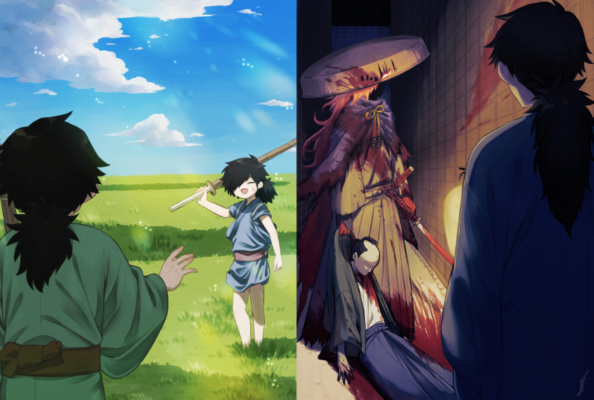 2boys aged_down black_hair blood blood_on_clothes blood_splatter cloak corpse facial_scar fate/grand_order fate_(series) glowing glowing_eyes hair_over_one_eye hakama highres holding holding_sword holding_weapon japanese_clothes katana low_ponytail male_focus multiple_boys murder okada_izou_(fate) red_hair sakamoto_ryouma_(fate) scar scar_on_cheek scar_on_face shinai sword user_dhue8322 weapon