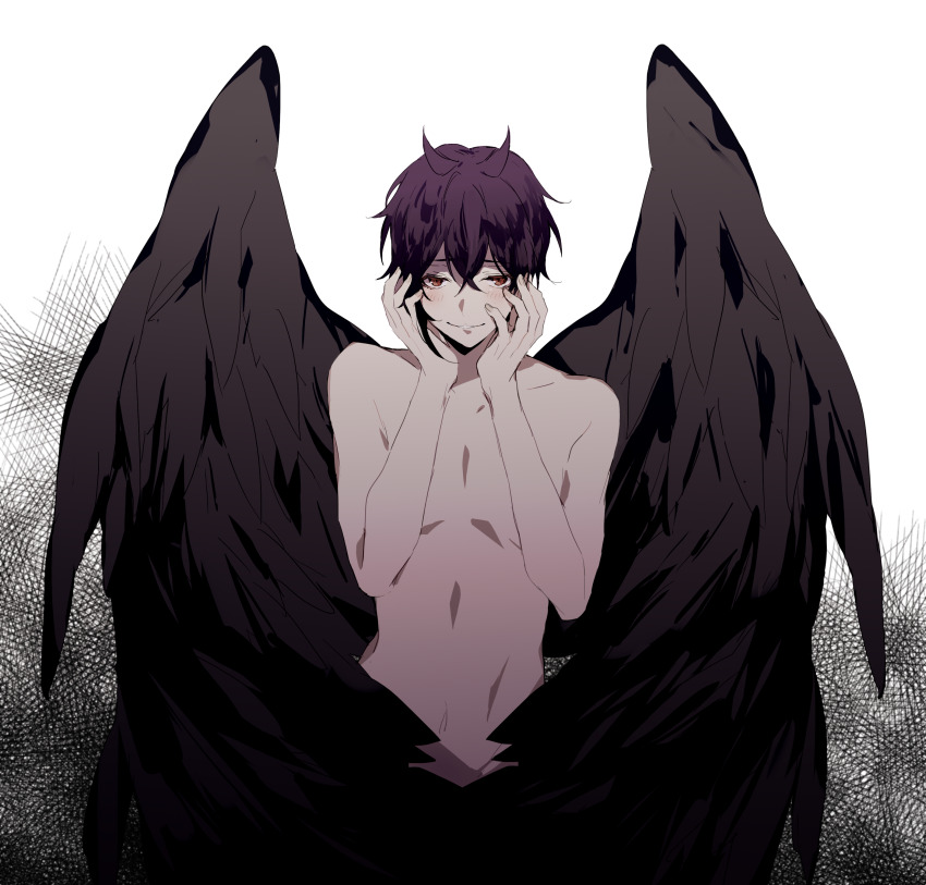 1boy absurdres black_background black_hair black_wings blush brown_eyes closed_mouth completely_nude dance_with_devils fallen_angel head_rest highres male_focus multicolored_background natsumezaka_shiki nude qi7pi short_hair smile solo white_background wings