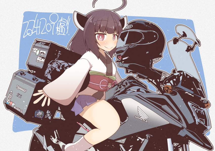 1girl ahoge brown_hair commentary_request container dashio headgear helmet highres honda japanese_clothes jitome kimono long_sleeves motor_vehicle motorcycle motorcycle_helmet obi pleated_skirt red_eyes sash sitting skirt socks solo sticker touhoku_kiritan twintails unworn_headwear unworn_helmet vehicle_focus vehicle_request voiceroid white_kimono wide_sleeves windshield