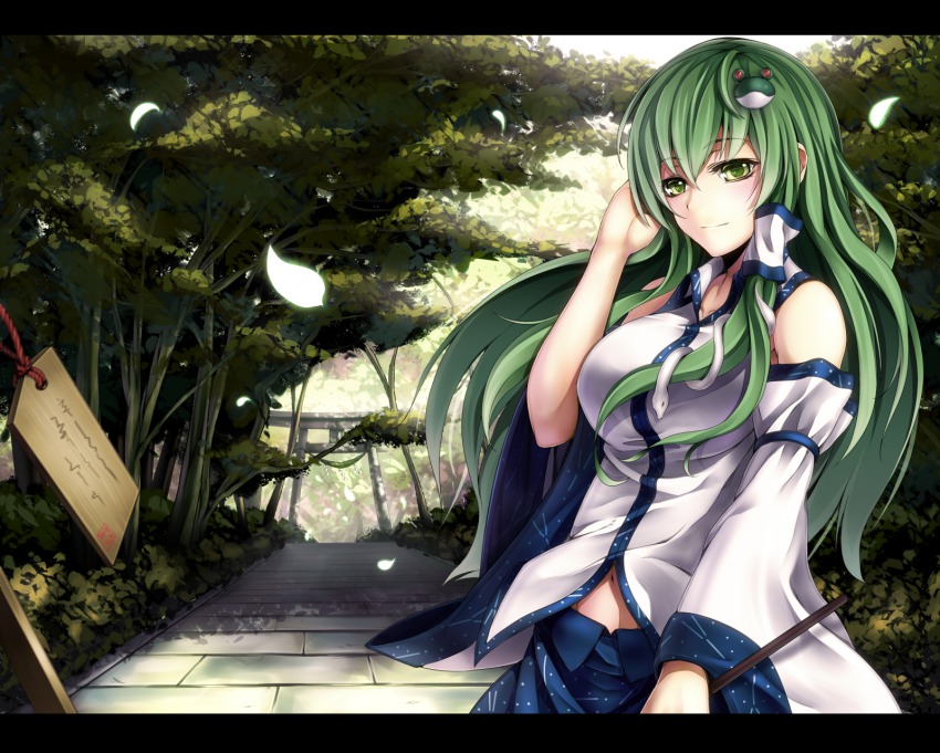 1girl breasts detached_sleeves female_focus frog_hair_ornament green_eyes green_hair hair_ornament hair_tubes highres izayoi-saki kochiya_sanae large_breasts letterboxed long_hair matching_hair/eyes navel smile snake solo torii touhou