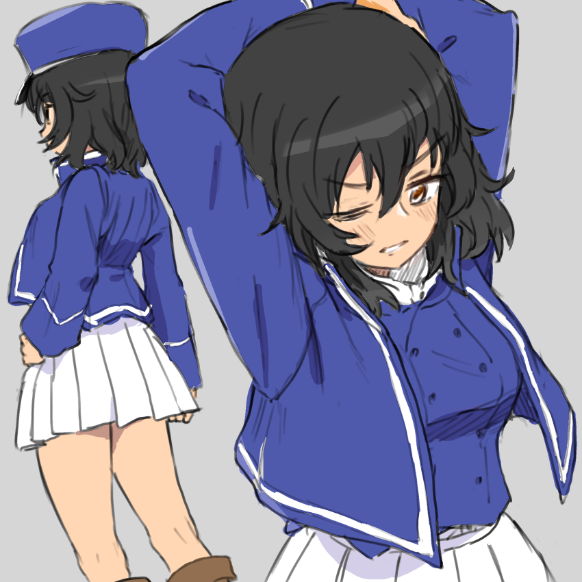 1girl andou_(girls_und_panzer) arms_behind_head bc_freedom_military_uniform black_hair blue_hat blue_jacket blue_vest boots brown_eyes brown_footwear dark-skinned_female dark_skin dress_shirt from_side girls_und_panzer hand_on_own_hip hand_up hat high_collar high_heel_boots high_heels highres jacket kepi long_sleeves looking_at_viewer medium_hair messy_hair military military_hat military_uniform pleated_skirt profile shirt skirt smile solo standing teeth uasi vest white_shirt white_skirt