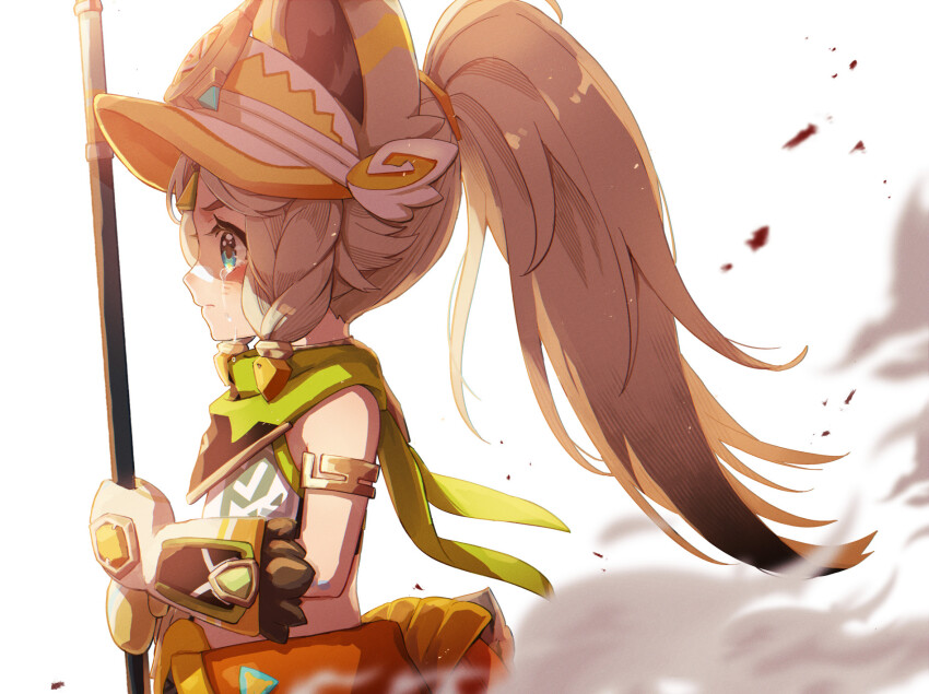 1girl animal_ears armlet bandana bandana_around_neck blue_eyes blush braid braided_sidelock brown_hair chinchilla_ears chinchilla_girl chinchilla_tail closed_mouth clothes_around_waist commentary_request crop_top crying crying_with_eyes_open fur-trimmed_mittens fur_trim genshin_impact green_bandana haruna_(hrnrnh) high_ponytail highres holding holding_polearm holding_weapon jewelry kachina_(genshin_impact) long_hair looking_ahead mittens parted_bangs polearm ponytail profile shirt sidelocks simple_background sleeveless sleeveless_shirt smoke solo tail tears visor_cap weapon white_background white_mittens white_shirt white_visor