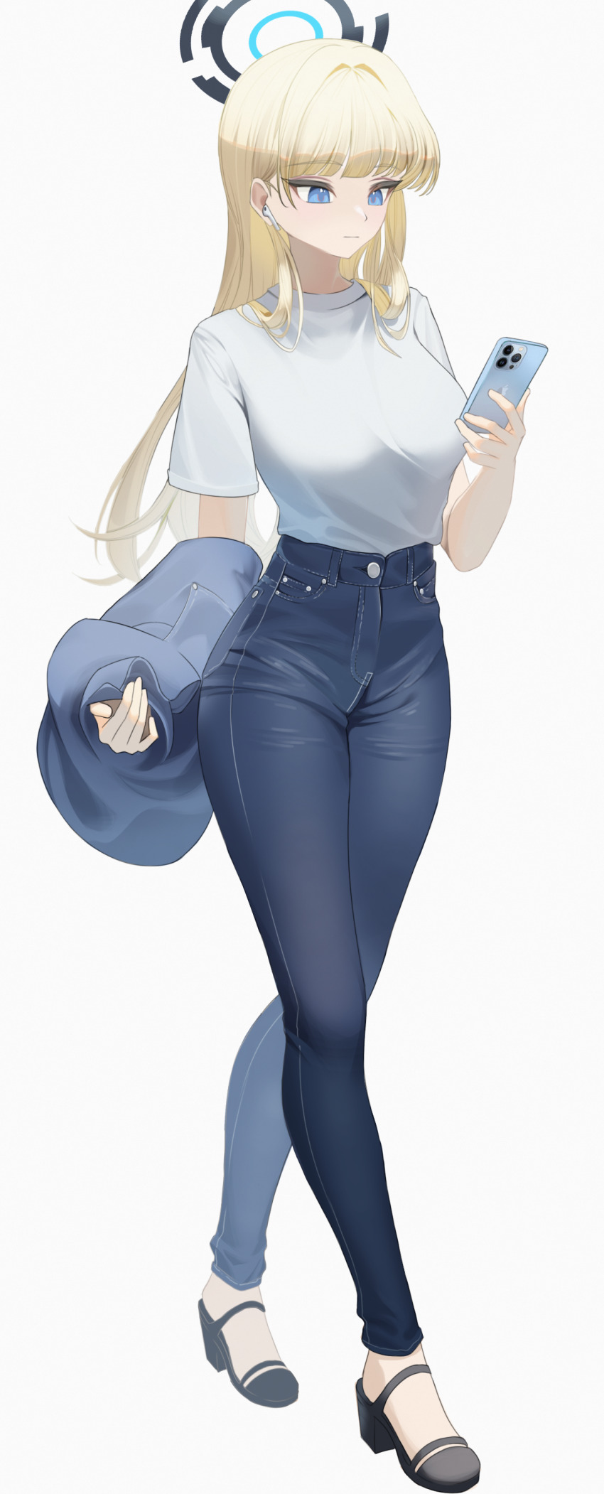 1girl absurdres airpods black_footwear blonde_hair blue_archive blue_eyes blue_halo blue_pants breasts casual cellphone closed_mouth denim expressionless full_body halo highres holding holding_unworn_clothes holding_jacket holding_phone holding_unworn_clothes jacket jeans long_hair looking_at_phone medium_breasts pants phone september0405 shirt shirt_tucked_in shoes simple_background smartphone solo t-shirt toki_(blue_archive) very_long_hair walking white_background white_shirt wireless_earphones