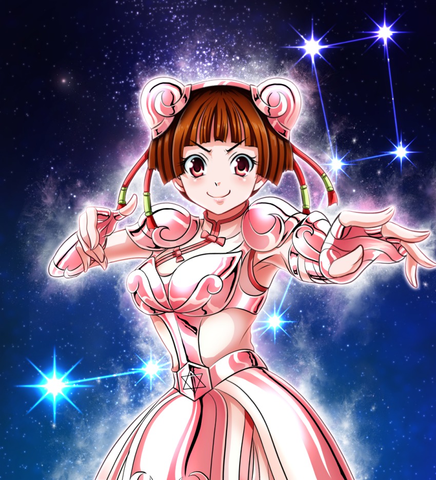 &gt;:) 1girl armor armor_plate armored_dress armpits blunt_bangs blush breastplate brown_eyes brown_hair bun_cover china_dress chinese_clothes constellation cowboy_shot double_bun dress faulds female_focus fighting_stance fingerless_gloves foreshortening gauntlets gloves glowing gradient_background hair_bun highres light_smile outline outstretched_arm pauldrons pentagram red_eyes saint_seiya saint_seiya_saintia_sho short_hair shoulder_armor sky smile solo star_(sky) star_(symbol) starry_sky tassel tk8d32 turtleneck ursa_minor_ling_xiaoling ursa_minor_xing_xiaoling v-shaped_eyebrows