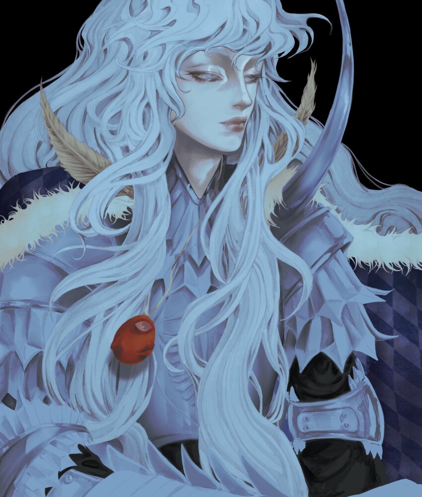 1boy armor astelofvoid behelit berserk bishounen black_background blue_cape blue_eyes breastplate cape closed_mouth commentary english_commentary feathers fur-trimmed_cape fur_trim gauntlets griffith_(berserk) highres long_hair looking_to_the_side male_focus pauldrons shoulder_armor sideways_glance simple_background solo spiked_armor spikes very_long_hair white_feathers white_hair