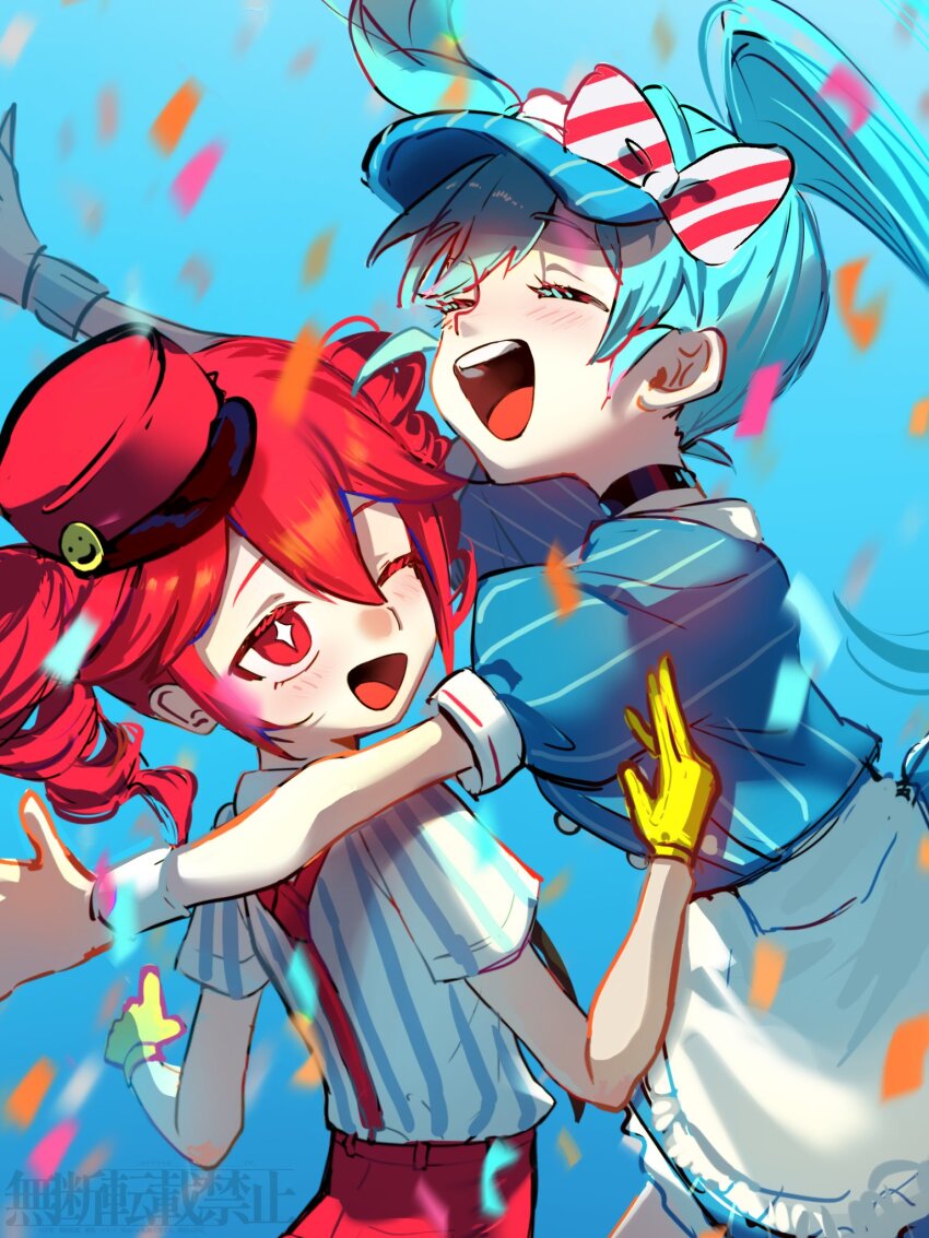 2girls 3_ohuwahuwa apron black_choker blue_dress blue_hair blue_sky blush bow buttons choker closed_eyes day double-parted_bangs dress drill_hair hair_between_eyes happy hashtag-only_commentary hat hat_bow hatsune_miku highres imminent_hug kasane_teto kepi long_hair looking_at_another mesmerizer_(vocaloid) military_hat multiple_girls one_eye_closed open_mouth pants pinstripe_dress pinstripe_hat pinstripe_pattern red_bow red_hat red_pants shirt short_sleeves sky star-shaped_pupils star_(symbol) striped_bow striped_clothes striped_shirt suspenders symbol-shaped_pupils teeth tongue twin_drills twintails upper_body upper_teeth_only utau visor_cap vocaloid waist_apron white_apron white_bow