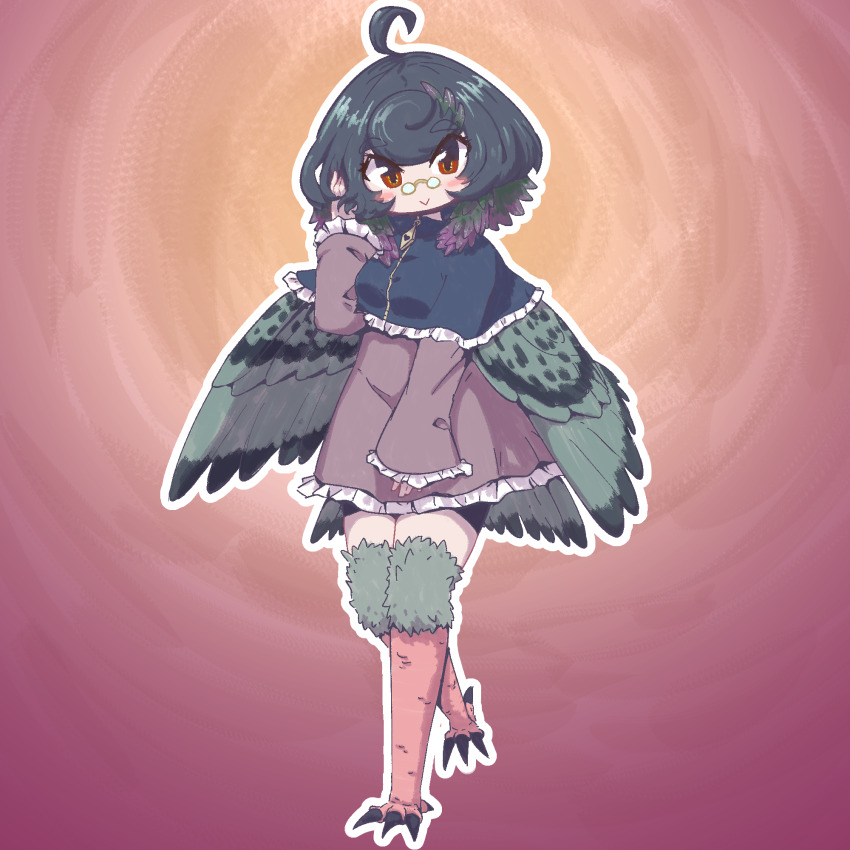 1girl :&gt; ahoge belderchal bird_legs bird_tail black_capelet black_hair blush_stickers brown_dress capelet dress feathered_wings frilled_capelet frilled_dress frills full_body glasses grey_feathers grey_wings half-harpy head_wings highres looking_at_viewer monster_girl original pince-nez red_eyes short_hair solo tail talons wings