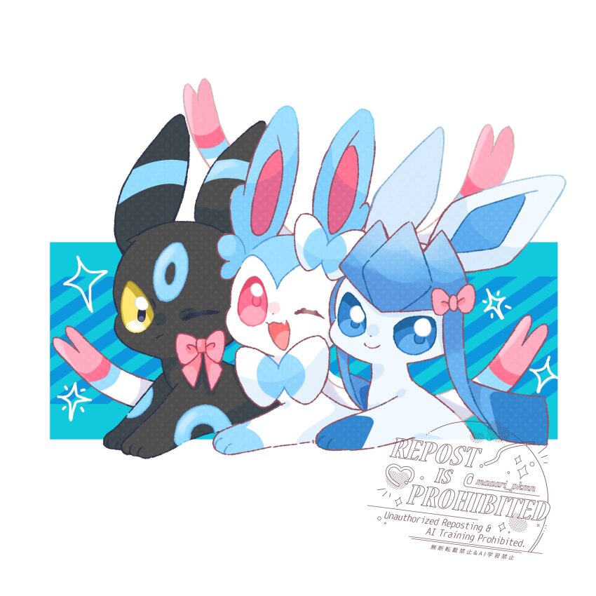 absurdres alternate_color blue_hair bow commentary creatures_(company) fang game_freak gen_2_pokemon gen_4_pokemon gen_6_pokemon glaceon happy highres maaari_pkmn nintendo no_humans one_eye_closed pink_eyes pokemon pokemon_(creature) shiny_pokemon smile sylveon symbol-only_commentary umbreon