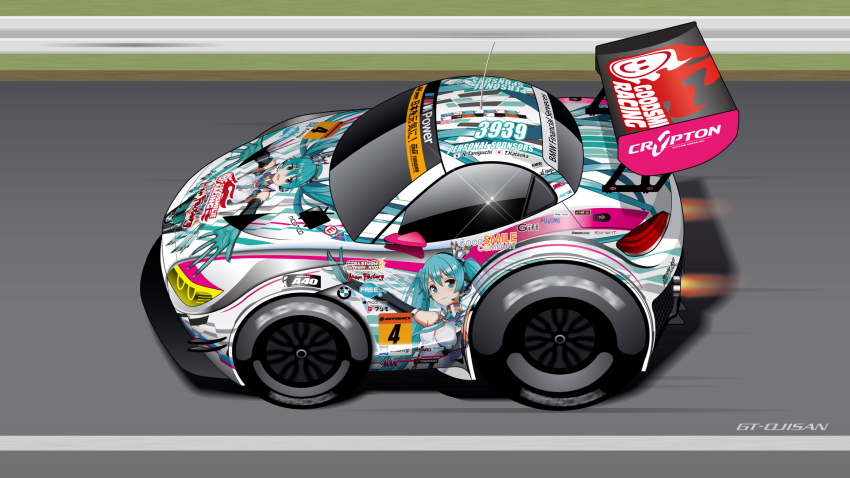 artist_name bmw car choro-q crypton_future_media fire from_above from_side goodsmile_racing gt_ojisan hatsune_miku highres itasha japanese_flag logo max_factory motion_blur motor_vehicle no_humans race_vehicle racecar racetrack racing_miku racing_miku_(2013) radio_antenna spoiler_(automobile) sponsor super_gt vehicle_focus vocaloid