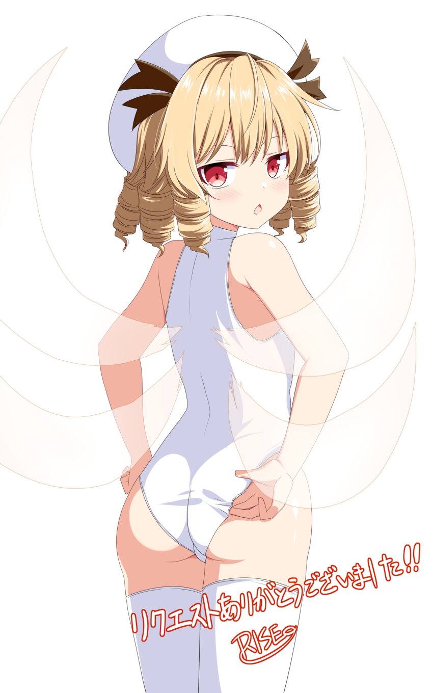 1girl absurdres adjusting_clothes adjusting_swimsuit ass bare_shoulders beret blonde_hair brown_ribbon chestnut_mouth commentary_request cowboy_shot drill_hair drill_sidelocks fairy_wings hat hat_ribbon highres looking_at_viewer looking_back luna_child medium_hair one-piece_swimsuit open_mouth red_eyes ribbon rise_(rise19851203) sidelocks solo swimsuit thighhighs touhou translation_request white_hat white_one-piece_swimsuit white_thighhighs wings