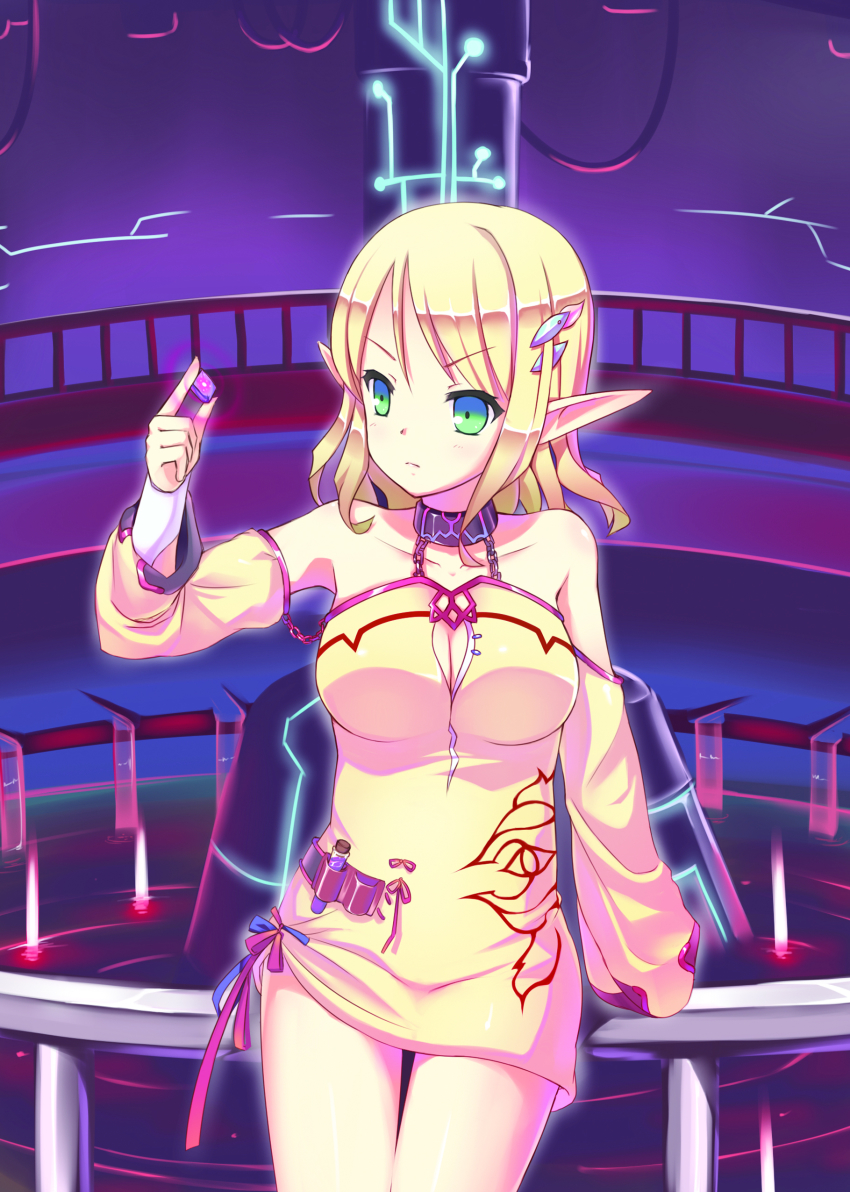 1girl absurdres bad_id bad_pixiv_id bare_shoulders bdsm blonde_hair bondage bound breasts chain cleavage cleavage_cutout clothing_cutout collar detached_sleeves dexp elf female_focus green_eyes hair_ornament hairclip highres original pointy_ears short_hair slave solo test_tube