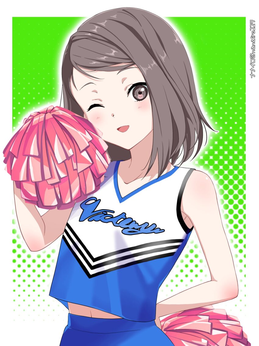 1girl 22/7 ;d arm_behind_back artist_name asymmetrical_bangs blue_skirt border cheerleader cowboy_shot green_background grey_eyes grey_hair hand_up highres hiiragi_tsubomi holding holding_pom_poms looking_at_viewer medium_hair nanairo_(nanairo227) navel one_eye_closed open_mouth outside_border pom_pom_(cheerleading) pom_poms shirt skirt sleeveless sleeveless_shirt smile solo standing white_border