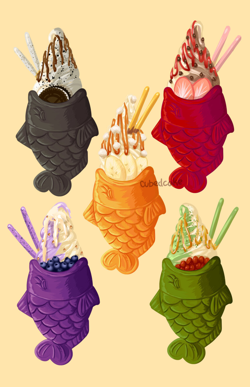 absurdres banana banana_slice blueberry caramel chocolate_chip chocolate_syrup commentary cubedcake english_commentary food food_focus fruit highres ice_cream matcha_(food) no_humans oreo original painttool_sai_(medium) pocky signature simple_background strawberry strawberry_slice strawberry_syrup taiyaki wagashi yellow_background