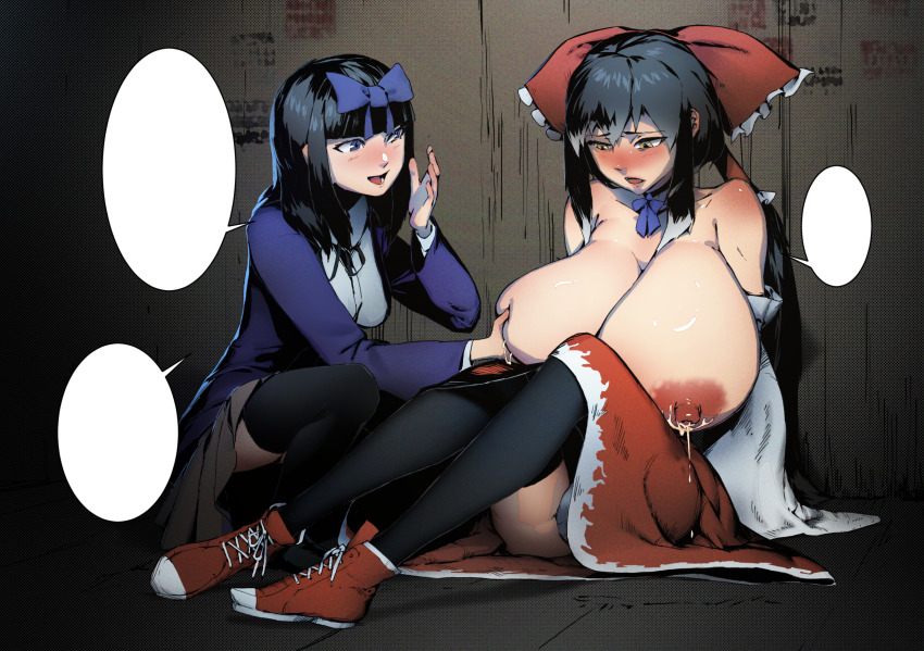 2girls alternate_breast_size black_hair black_ribbon black_thighhighs blank_speech_bubble blush bow bowtie breasts brown_background collared_shirt commentary_request cookie_(touhou) detached_sleeves frilled_bow frilled_hair_tubes frills full_body grabbing_another&#039;s_breast grey_skirt groping hair_bow hair_tubes hakurei_reimu highres hime_cut huge_breasts jacket lactation lhlclllx97 long_hair looking_at_another multiple_girls nipples nose_blush open_clothes open_jacket open_mouth purple_bow purple_bowtie purple_jacket red_bow red_footwear ribbon shirt shoes shunga_youkyu sidelocks sitting skirt smile sneakers speech_bubble squatting star_sapphire thighhighs topless touhou white_shirt white_sleeves yuyusu_(cookie)