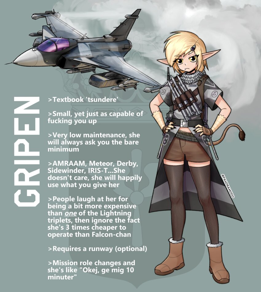 1girl absurdres aircraft airplane ammunition_belt belt blonde_hair boots breasts canards cape closed_mouth english_text fang fighter_jet full_body gloves grey_cape hair_ornament hands_on_own_hips highres jet medium_hair midriff military_uniform military_vehicle original pandramodo personification pointy_ears saab_gripen serious shorts small_breasts standing tail thighhighs yellow_eyes