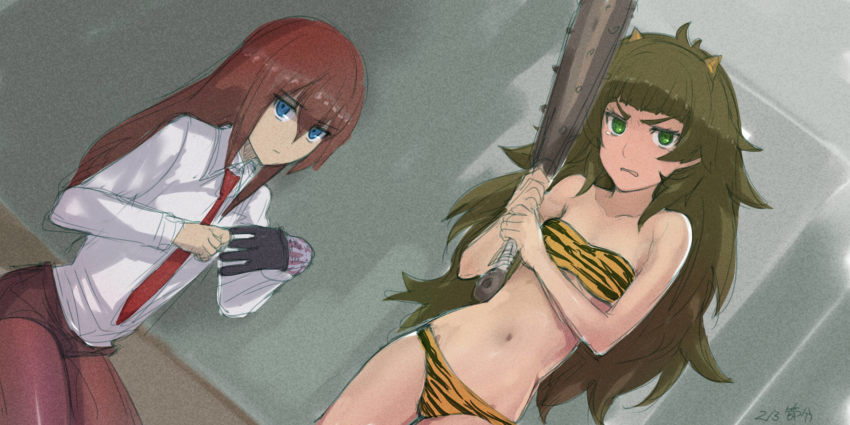 2girls ahoge angry bikini blue_eyes blush brown_hair club club_(weapon) collarbone embarrassed flat_chest gloves green_eyes green_hair highres hiyajou_maho holding holding_weapon horns kanabou long_hair looking_at_viewer makise_kurisu menomorute messy_hair midriff multiple_girls oni oni_horns pantyhose red_tie shirt shorts single_glove steins;gate steins;gate_0 swimsuit tagme tiger_print_bikini very_long_hair weapon white_shirt