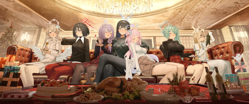 6+girls ^_^ absurdres alternate_costume arius_squad_(blue_archive) atsuko_(blue_archive) bare_legs black_sweater blue_archive box breasts casual champagne_flute chandelier closed_eyes couch crossed_legs cup dark_skin dress drink drinking_glass feathered_wings foodgasm gift gift_box halo highres hiyori_(blue_archive) holding holding_cup indoors large_breasts leaning_on_person medium_breasts mika_(blue_archive) misaki_(blue_archive) multiple_girls nagisa_(blue_archive) on_couch peroro_(blue_archive) red_skirt saori_(blue_archive) seia_(blue_archive) sitting skirt susukawa_(susucawa) sweater tea_party_(blue_archive) white_dress white_sweater white_wings wings