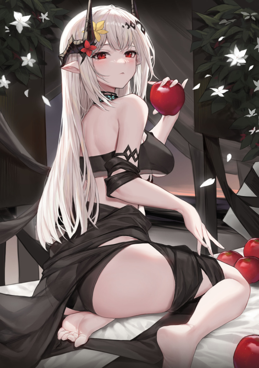 1girl absurdres arknights ass bare_shoulders barefoot blush breasts closed_mouth feet food from_behind fruit hair_ornament highres holding holding_food holding_fruit horns large_breasts long_hair looking_at_viewer looking_back molyb mudrock_(arknights) mudrock_(silent_night)_(arknights) official_alternate_costume pointy_ears red_eyes solo thighs toes white_hair