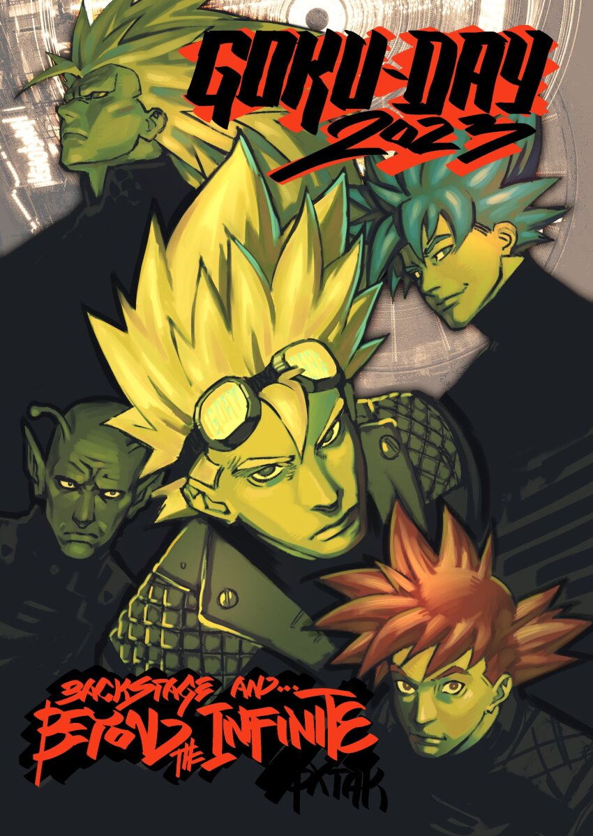 2023 5boys absurdres album_cover_redraw alternate_costume antennae big_hair black_jacket black_sweater blonde_hair blue_eyes blue_hair character_name colored_skin derivative_work dragon_ball english_text frown goggles goggles_on_head goku_day green_eyes green_skin highres jacket long_hair looking_at_viewer male_focus multiple_boys multiple_persona namekian photo-referenced piccolo pointy_ears powerman_5000 pxtakart red_eyes red_hair serious single_bang smile smirk son_goku spiked_hair super_saiyan super_saiyan_1 super_saiyan_3 super_saiyan_blue super_saiyan_god sweater turtleneck turtleneck_sweater