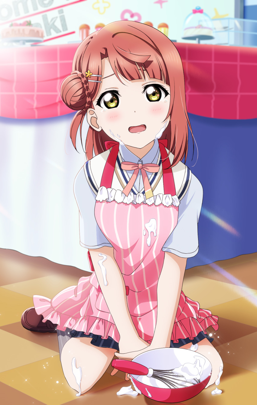 1girl apron blunt_bangs blush braid braided_bun cake collared_shirt cream cream_on_face dress_shirt food food_on_body food_on_face hair_bun hair_ornament hairpin highres looking_at_viewer love_live! love_live!_nijigasaki_high_school_idol_club love_live!_school_idol_festival_all_stars medium_hair messy mint_limes neck_ribbon nijigasaki_school_uniform orange_hair pink_hair pleated_skirt red_ribbon ribbon school_uniform shirt short_sleeves side_bun single_side_bun sitting skirt solo summer_uniform sweater_vest swept_bangs uehara_ayumu wariza whipped_cream yellow_eyes