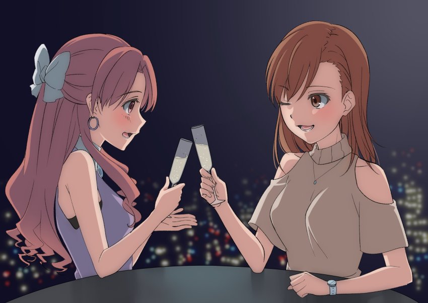 2girls ;d aged_up blue_bow blurry blurry_background blush bow brown_eyes brown_hair champagne_flute clothing_cutout cup drinking_glass earrings eye_contact grey_sweater hair_bow hair_intakes highres holding holding_cup jewelry long_hair looking_at_another misaka_mikoto multiple_girls naguramu necklace one_eye_closed open_mouth pink_hair purple_shirt shirai_kuroko shirt short_sleeves shoulder_cutout sitting sleeveless sleeveless_shirt smile sweater table toaru_majutsu_no_index watch wristwatch