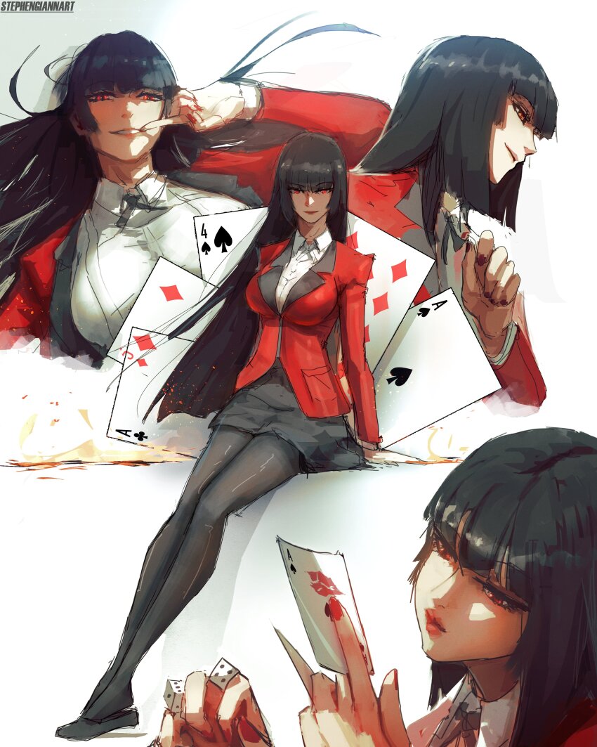 1girl absurdres black_hair blazer blunt_bangs breasts card collared_shirt dice finger_to_mouth highres hime_cut holding_dice hyakkaou_academy_school_uniform jabami_yumeko jacket kakegurui large_breasts long_hair looking_at_viewer pantyhose playing_card red_eyes red_jacket red_nails school_uniform shirt skirt smile solo stephengiannart very_long_hair white_shirt