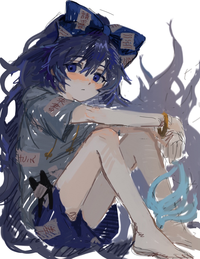 1girl :/ absurdres b_nosk101 barefoot blue_bow blue_eyes blue_hair blue_skirt blush bow bracelet closed_mouth commentary debt fire fire full_body grey_hoodie hair_between_eyes hair_bow highres hood hood_down hoodie jewelry long_hair looking_at_viewer one-hour_drawing_challenge short_sleeves simple_background sitting sketch skirt solo stuffed_animal stuffed_cat stuffed_toy touhou very_long_hair white_background yorigami_shion