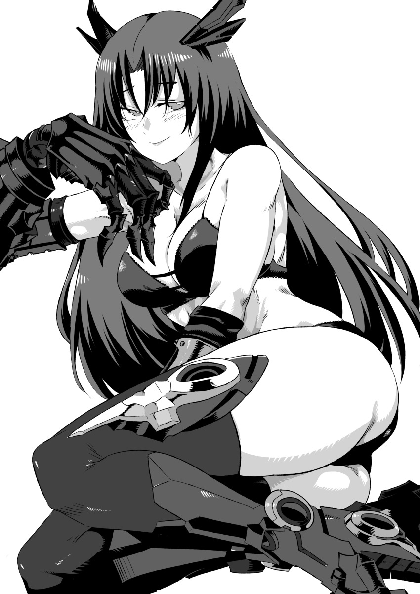 1girl absurdres arm_support ass black_bra black_hair black_panties blush boots bra breasts cleavage executioner_(girls&#039;_frontline) girls&#039;_frontline greyscale haho head_rest highres lace lace-trimmed_bra lace-trimmed_panties lace_trim long_hair mechanical_arms medium_breasts monochrome panties sangvis_ferri smile solo thighhighs thighs underwear white_background